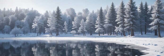 Obraz premium A winter wonderland scene with snow-covered trees and a frozen lake, frozen lake, snowy woods