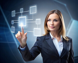 A confident professional woman interacts with a holographic interface, showcasing her expertise in technology. The futuristic background enhances the atmosphere of innovation and progress