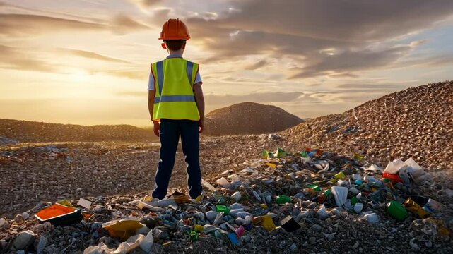 Environmentalist sorting recyclables amidst landfill waste