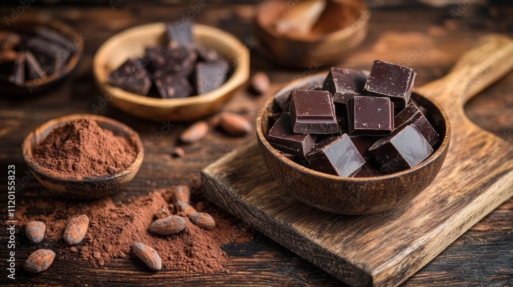 Aufkleber dark chocolate and cocoa in a rustic setting