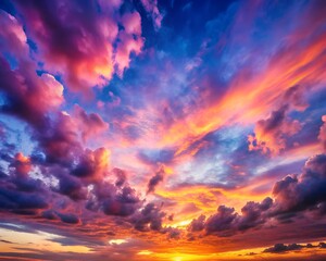 Fototapeta premium Colors blend beautifully as the sun sets beyond the horizon, casting an enchanting glow across the clouds. The sky transforms into an artwork of nature, captivating all who gaze upon it