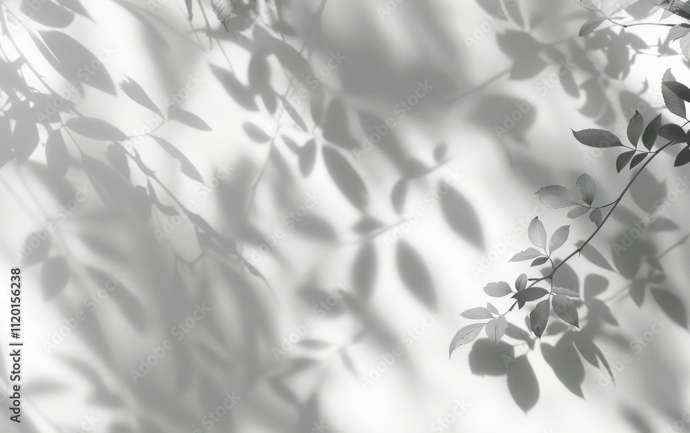 Poster soft shadows of leaves create a delicate pattern on a light background, evoking a serene and natural