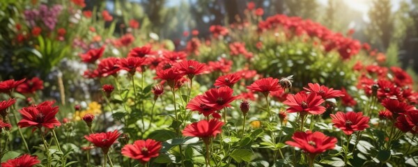 Naklejka premium Bee collecting nectar from multiple bright red flowers in a sunny garden, flowers, insect behavior