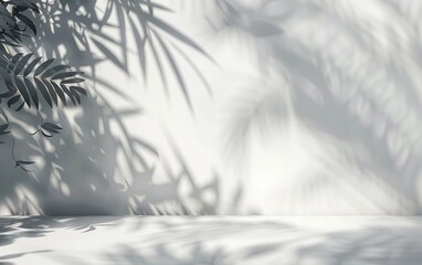 Soft shadows of leaves dance on a white wall, creating a serene and minimalist aesthetic.