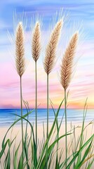 Obraz premium Farmland fields landscape sunset, Tall grasses sway gently against a colorful sunset over the ocean.