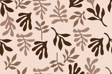 Abstract seamless pattern with organic leaf shapes in earthy tones on a beige background. Contemporary collage botanical minimalist wall art. Abstract painting for wall decoration, interior, print