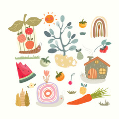 Hand drawn snails, plants, fruits and vegetables. Set with cute cartoon snails world, animal, plants, fruits, rainbows. Vector illustration.