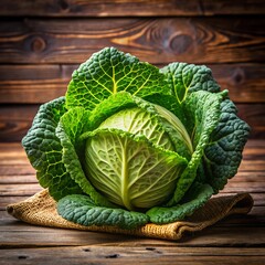 Fototapeta premium Vibrant, leafy cabbage sits on a textured burlap cloth against a backdrop of weathered wood, showcasing its healthy, fresh appearance in natural light