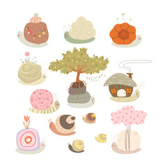 Big set with snails. Cute cartoon snails hand drawn illustration.