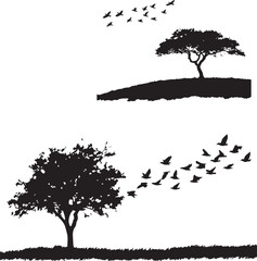 Birds with tree flying silhouette vector