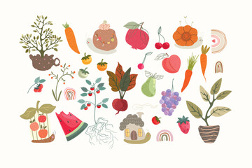Big set with snails, fruits, vegetables, plants and rainbows. Hand drawn illustration on light background.