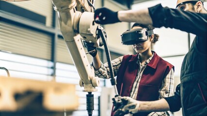 A worker using augmented reality goggles to guide a cobot through intricate assembly tasks blending technology and human skills.