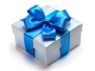 Obraz premium A beautifully wrapped gift box sits on a clean surface, showcasing a shiny blue ribbon on top. Its elegant presentation makes it perfect for birthdays, holidays, or special moments