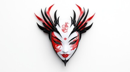 A decorative mask featuring intricate designs in black and red.