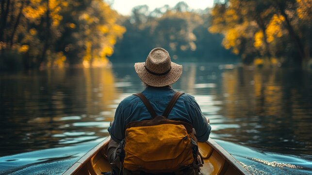 Man in a straw hat paddling a canoe on a tranquil river surrounded by autumn foliage