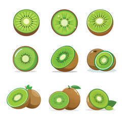 vector Fresh kiwi fruit illustrations with vibrant green flesh and brown skin
