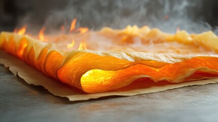 A close-up of a translucent, glowing sheet with smoke and flames, resembling culinary art.