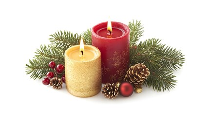 Christmas candle and decoration on a white background with copy space, in red and gold colors, with green tree branches, creating a festive atmosphere, a holiday concept banner design. 