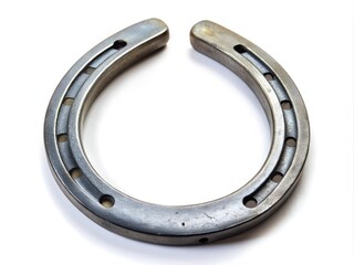 Metal horseshoe lies on a flat surface, showcasing its shiny finish and precise holes punctured along the curve. It symbolizes good fortune and a rich equestrian heritage