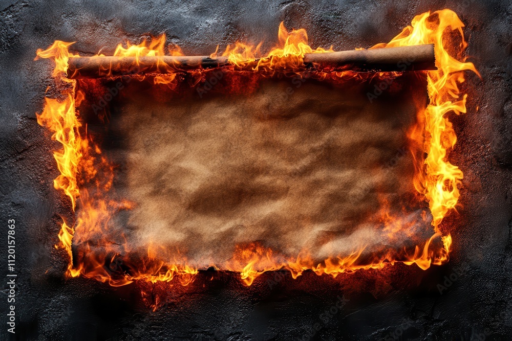 Poster a fiery scroll with a blank parchment framed by flames, suggesting urgency or warning.