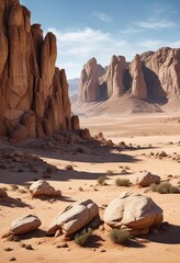 Panoramic view of the west desert's unique rock formations , badlands, unique rock formations