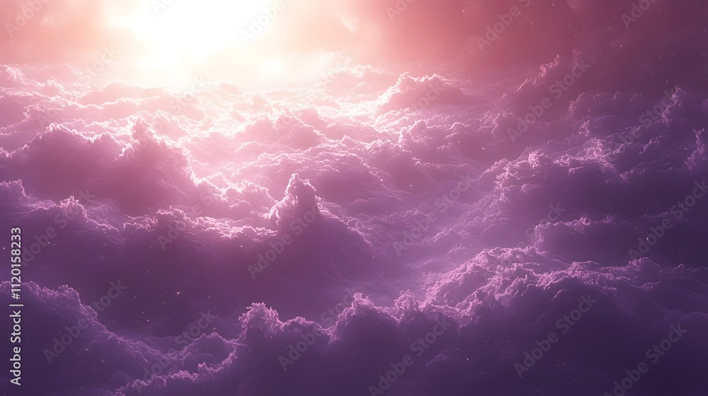 Poster a breathtaking view of ethereal clouds illuminated by a soft pink and orange glow, creating a dreamy