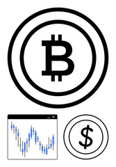 Bitcoin logo with currency exchange chart and dollar symbol. Ideal for cryptocurrency, finance, investments, blockchain technology, market analysis, digital transactions, online trading. Line