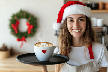 Smiling female barista wearing a Santa hat and apron holding a tray with a steaming cup of coffee decorated with latte art and a heart symbol, with a blurred Christmas wreath in the background