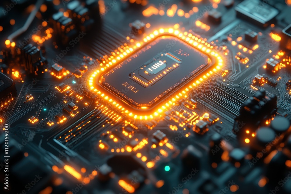 Poster close-up of a glowing microprocessor on a circuit board, showcasing technology and design.