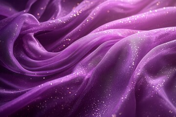 A close-up view of elegant, shimmering purple fabric with soft folds and sparkling details, creating a luxurious and dreamy appearance.