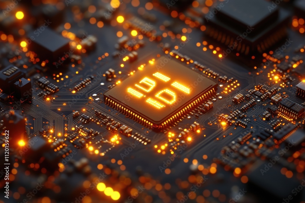 Poster close-up of a circuit board with glowing components, illustrating technology and electronics.