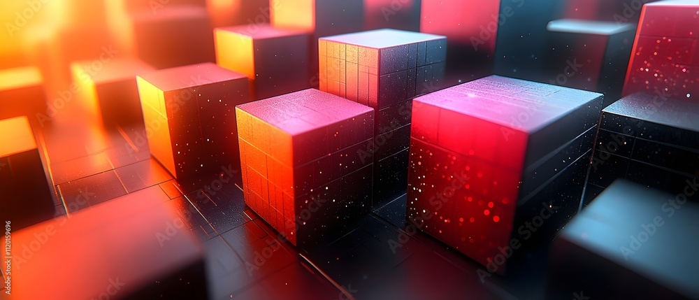 Poster a vibrant abstract scene featuring red and black cubes arranged in a dynamic formation, illuminated 