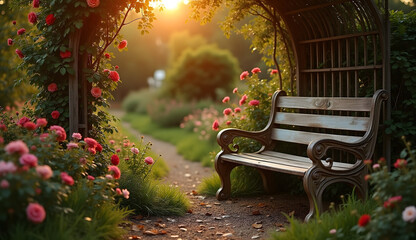Vintage Aesthetic of an Old-Fashioned Flower Garden with Wooden Bench and Climbing Roses