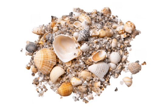 Sand and sea shells beach theme background isolated on a white background