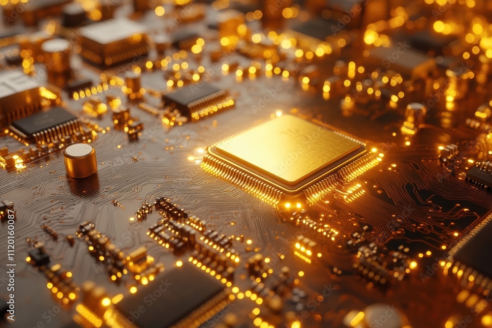 Poster a close-up view of a circuit board with a prominent gold processor and glowing components.