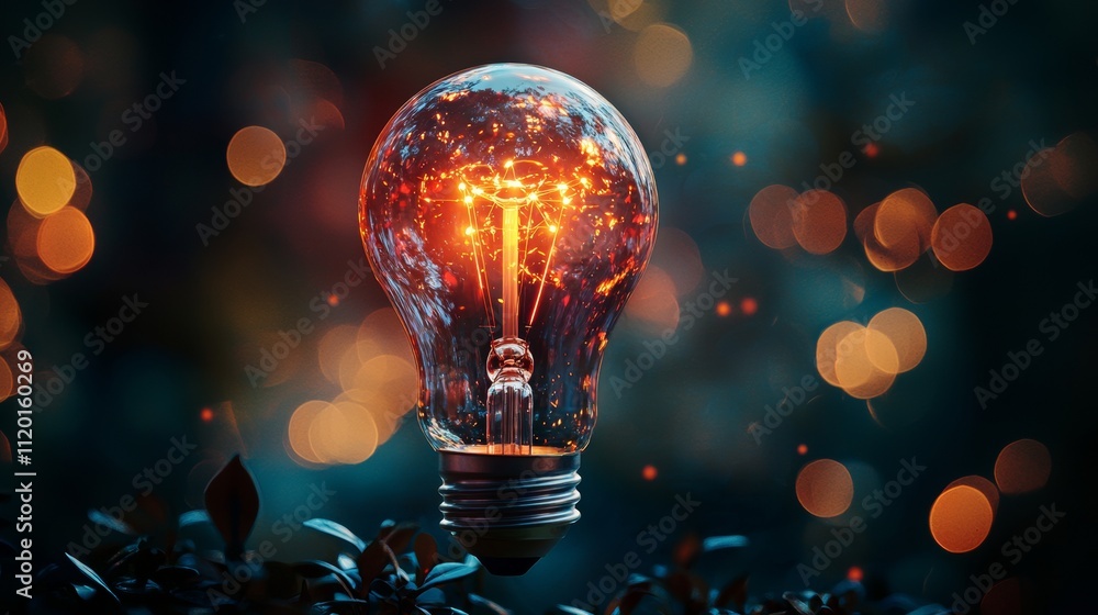 Poster illuminated light bulb with bokeh in the background