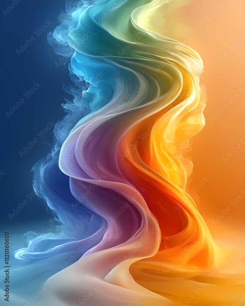 Poster a mesmerizing blend of swirling colors, merging deep blues, vibrant oranges, and serene whites, crea