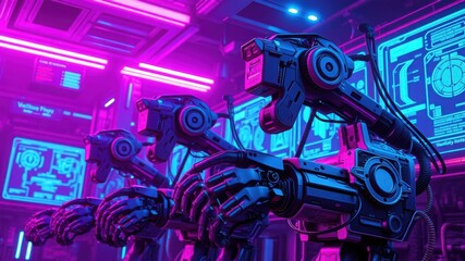 Cybernetic Symphony: Futuristic robotic arms in a vibrant neon-lit laboratory, a symphony of motion and technology in a cyberpunk landscape. 