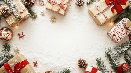 Seasonal rustic Christmas border composed of decorative gifts, pine branches, nuts and snowflake ornaments over a wooden background with copyspace, overhead view. High quality photo