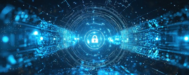 Obraz premium Futuristic digital background with glowing cybersecurity lock and circuits