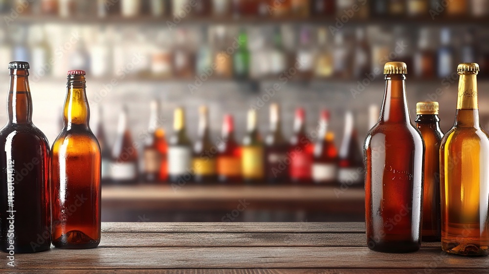 Poster empty wooden bar counter with bottles on a blurred background