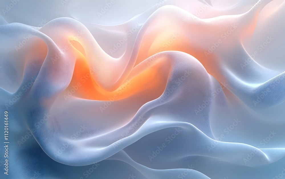 Poster an abstract representation of flowing fabric in soft shades of blue and orange, creating a serene an