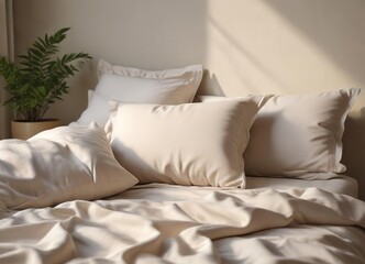 Crisp linen bedding against a soft, neutral-toned background, minimalist, crisp
