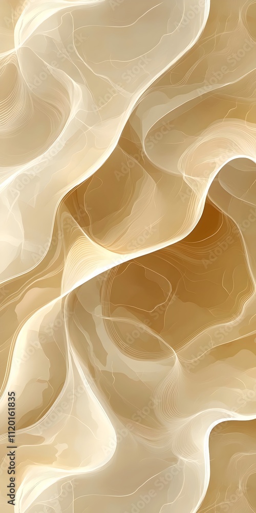 Poster an elegant abstract composition featuring flowing, translucent waves in soft beige and cream tones, 