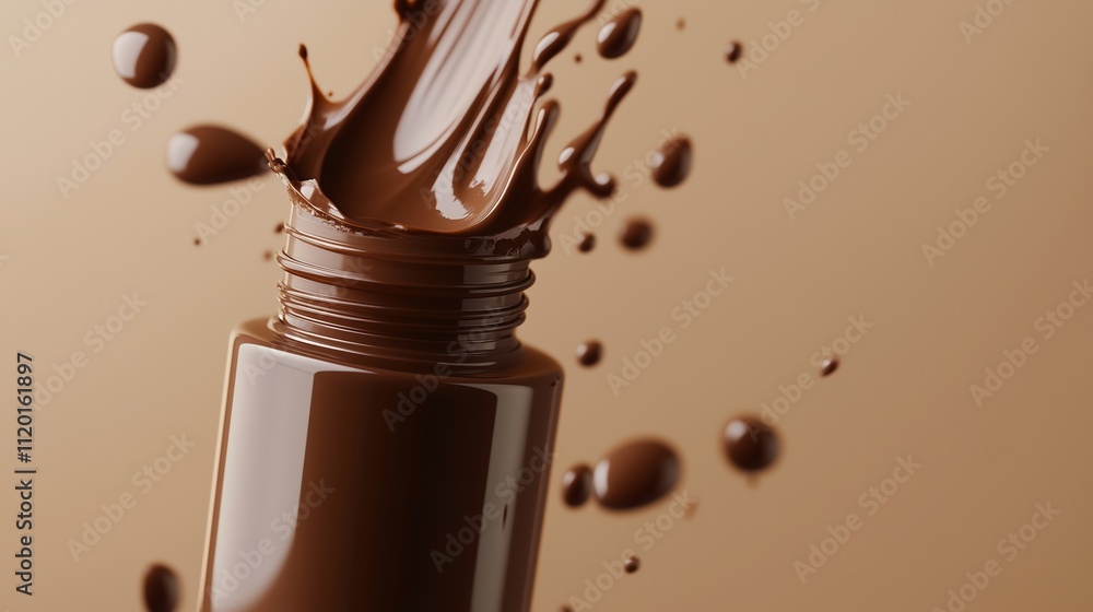 Poster liquid chocolate splashes from a bottle in a visually appealing and dynamic display