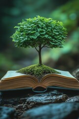 Tree Growing from an Open Book Surrounded by Nature's Serenity