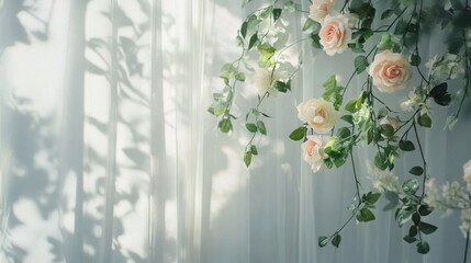 Peach roses hanging against sheer curtains, sunlit shadows.