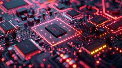 Exploring the intricate details of a vibrant electronic circuit board illuminated by red lights, showcasing the complexity of modern computing technology