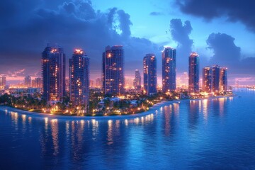 A vibrant city skyline at dusk, reflecting lights on calm water.