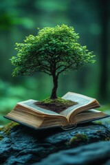 Tree Growing from Open Book Symbolizing Knowledge and Nature
